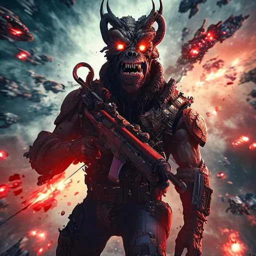 Prompt: middle-aged man in gunfight in space, sci-fi combat space suit, face visible, light stuble, angry red eyes, anime, 4k render, outer space, futuristic, sci-fi demon
