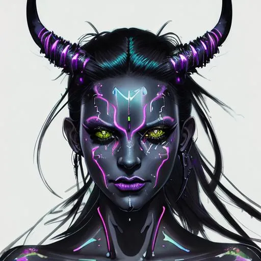 Prompt: Watercolor portrait of a neon hannyawith iridescent black markings and a CYBERNETIC demon face, perfect composition, hyperrealistic, super detailed, 8k, high quality, trending art, trending on artstation, sharp focus, studio photo, intricate details, highly detailed, by greg rutkowski, illustration, watercolor, BY YUJI SHINKAWA