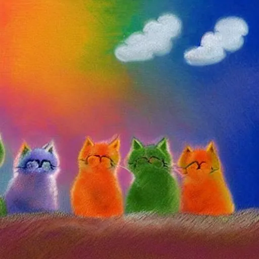 Prompt: A group of multi colored pastel kittens with butterfly wings soar throw the sky playing on rainbows and in rainclouds and resting on clouds at sunset