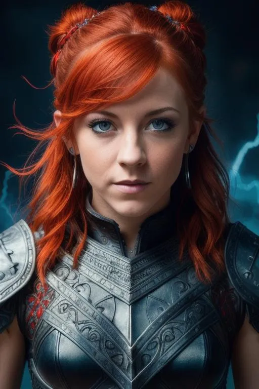 Prompt: a closeup portrait Lindsey Stirling, red hair pulled back, blue eyes, skyrim fire mage armor, intricate detail, high quality, flaming lightning background, intricate detail, high quality, high detail, masterpiece, intricate facial detail, high quality, detailed face, intricate quality, intricate eye detail, highly detailed, high resolution scan, intricate detailed, highly detailed face, Very detailed, high resolution
