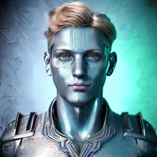 Prompt: intricate Art deco metal boy portrait, sparkling blue eyes, blonde hair, metal, color, dimples, ornate, intricate, flowing, neon, led, fractals, hyper-detailed, 64K, UHD, HDR, unreal engine, vivid colors