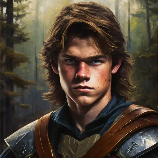 Prompt: head portrait of a teenaged fantasy ranger wearing dark huntsman's clothes. Long light brown hair. Handsome. Dark eyes. Epic painting
