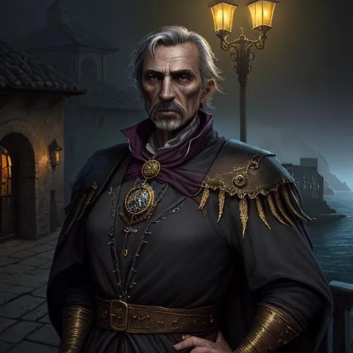 Prompt: highest quality concept art masterpiece, dark fantasy, Ravenloft, digital drawing, photo-realistic, Italian, Roma, short hair,  colorful clothes with gold, older male merchant, professional merchant, rich and knows it, dark, night, mists, coastal village, 
