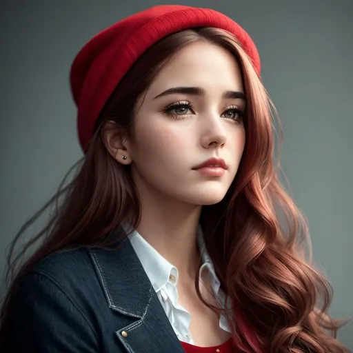 Prompt: Sad Rosie. The saddest woman ever, pretty, long hair, stylish clothes, red hat, facial closeup