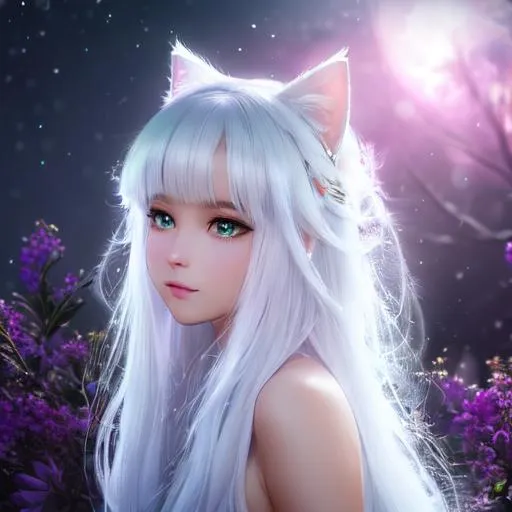 Prompt: fantasy, magical, teen girl, white cat ear, long white hair ultra detailed artistic photography, light hair, midnight aura, night sky, detailed gorgeous face, dreamy, glowing, glamour, glimmer, shadows, oil on canvas, brush strokes, smooth, ultra high definition, 8k, unreal engine 5, ultra sharp focus, art by alberto seveso, artgerm, loish, sf, intricate artwork masterpiece, ominous, matte painting movie poster, golden ratio, trending on cgsociety, intricate, epic, trending on artstation, by artgerm, h. r. giger and beksinski, highly detailed, vibrant, production cinematic character render, ultra high quality model, paleultra detailed artistic photography, light hair, midnight aura, off-shoulder bodysuit, full-body, night sky, detailed gorgeous face, dreamy, glowing, backlit, glamour, glimmer, shadows, oil on canvas, brush strokes, smooth, ultra high definition, 8k, unreal engine 5, ultra sharp focus, artgerm, loish, sf, intricate artwork masterpiece, ominous, matte painting movie poster, golden ratio, trending on cgsociety, intricate, epic, trending on artstation, by artgerm, h. r. giger and beksinski, highly detailed, vibrant, production cinematic character render, ultra high quality model