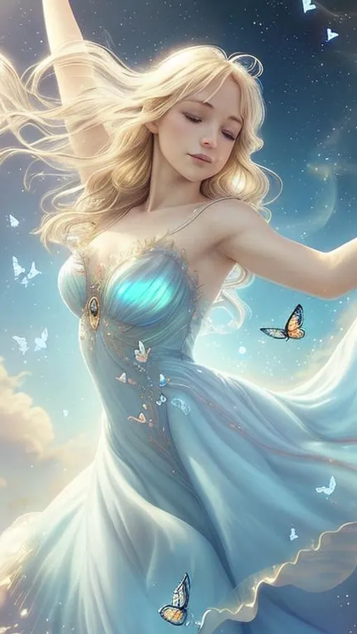 Prompt: Zoom in Portrait Very beautiful air faerie, Sylph (Masterpiece), warm gentle expression, group of butterflies, wavy opalblonde hair in the wind, (Masterpiece), fantastic sunlight, gentle white clouds, very beautiful woman, fantasy, beautiful dancing pose, fantastic sky background, realistic butterflies, constellation-like design Dress, in the sky Shining opalblonde hair, cinematic light, beautiful woman, beautiful eyes, long hair, perfect anatomy, very pretty, princess eyes, fantastic, stylised animation, bioluminescent, life size, 32K resolution, human hands, mysterious shape, graceful, almost perfect, dynamic angles, highly detailed, figure sheet, concept Art, smooth, symmetrical, balanced placement, fashion pose, 20s beauty, great hair, overhead space