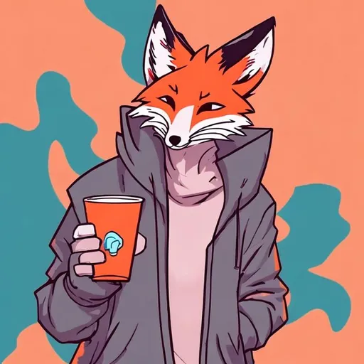 Prompt: A chill fox in a light pink hoodie holding a cup of tea with a blue 
background in a comic book style 
