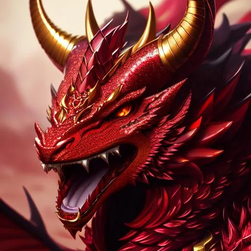Prompt: portrait of a roaring red sparkly demon dragon with fangs and golden jewelry and a cute face, perfect composition, hyperrealistic, super detailed, 8k, high quality, trending art, trending on artstation, sharp focus, studio photo, intricate details, highly detailed