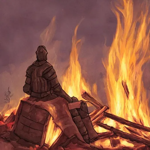 Prompt: a tired knight is sitting in front of a bonfire looking at the flames. realistic.