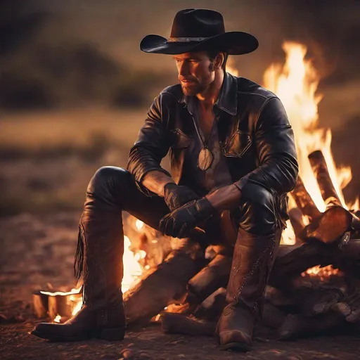 Prompt:  cowboy wearing leather pants, leather gloves, leather shirt, bandana, sitting at a campfire at dusk, rugged western style, high quality, realistic, warm lighting, detailed textures, dramatic composition, classic cowboy