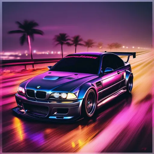 Prompt: 2001 BMW M3 E46 GTR, synthwave, aesthetic cyberpunk, miami, highway, dusk, neon lights, coastal highway, dusk, neon lights, coastal highway, sunset, drift, nurburgring, water on the road, blade runner, 64k, watercolor, macro sharp focus, 8, hyper realistic, cinematic, highly detailed, photoraelistic, clean, action scene