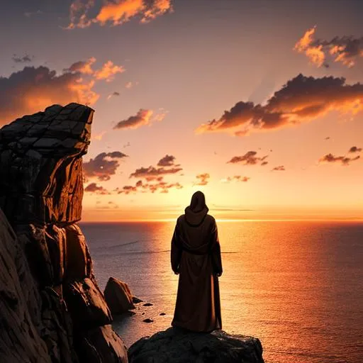 Prompt: a hooded man in brown robes overlooking the sea atop a rock at sunset