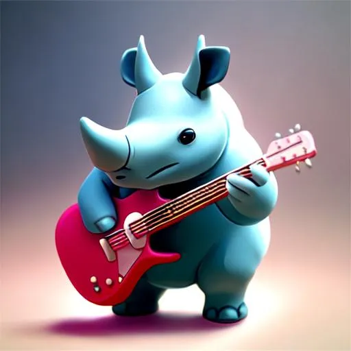 Prompt: Tiny cute rhino using a guitar toy, standing character, soft smooth lighting, soft pastel colors, white background, pop surrealism, square image