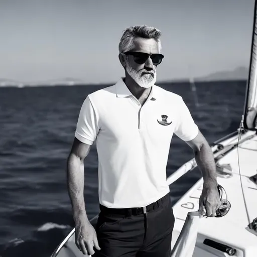 Prompt: black and white photo of a confident, fit, 45 year old, thin haired, grey bearded sailor looking magical and handsome wearing a black polo shirt and sun glasses
while pulling the anchor on a sailboat.



