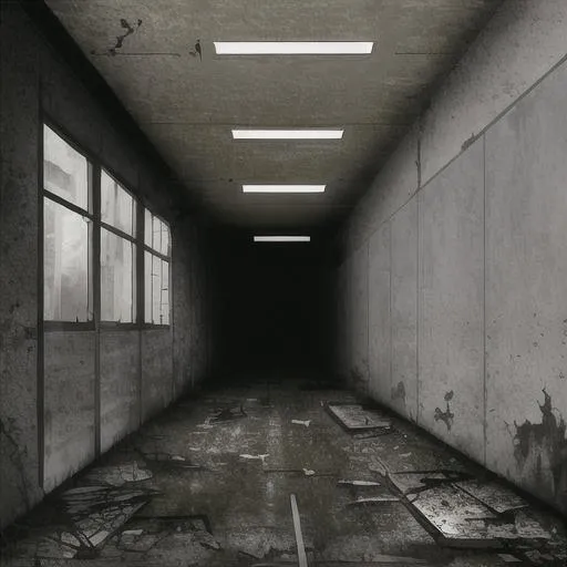 Prompt: abandoned warehouse, silhouette, realistic, post apocalypse, dark hallway, corpses