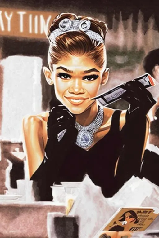 Prompt: Zendaya Comic book breakfast at Tiffany’s 