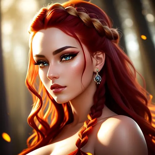 Prompt: {{{{highest quality stylized character masterpiece}}}} best award-winning digital oil painting splash screen art with {{lifelike textures brush strokes}} perfect closeup of surrealistic provocative arousing seductive stunning beautiful feminine 22 year nordic fire goddess {{natural NO makeup face}} with {{red braided hair}} and {{beautiful yellow eyes}} wearing {{dark ember fractal outfit}} with deep exposed visible cleavage and tight beautiful belly pooch kneeling before gates of hell background in hyperrealistic intricate perfect 128k UHD HDR,
wonderful extremely detailed stunning natural beauty face with romance glamour soft skin and red blush cheeks and cute sadistic smile and {{seductive love gaze at camera}},
perfect anatomy in perfect colored shaded composition of professional sharp focus RAW photography with depth of field, 
cinematic volumetric dramatic 3d lighting, 
{{sexy}} {{huge breast}} physics-based rendering cgi masterpiece