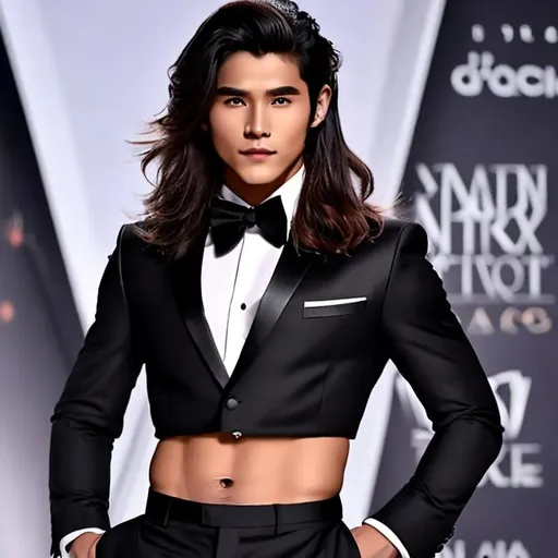 Prompt: an attractive long-haired 19-years old man with a six pack abs wearing a crop top black long sleeve tuxedo with bowtie and black tuxedo pants, he also has a bare midriff and a bare navel
