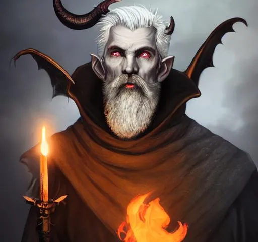 Prompt: Portrait of Old tiefling Olgierd von Everec with bat wings on his back, grey hair and piercing, a flame in one hand, a simicar in other hand, dark snowy iceberg, perfect composition, hyperrealistic, super detailed, 8k, high quality, trending art, trending on artstation, sharp focus, studio photo, intricate details, highly detailed, by greg naruto