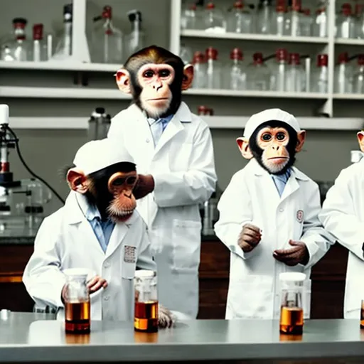 Prompt: Monkey scientists wearing lab coats conducting experiments 