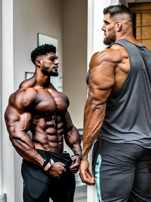 Prompt: 12 foot tall bodybuilder vs 6 foot tall bodybuilder flexing side by side, wall for scale 