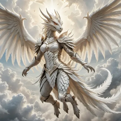 Prompt: A hyper-realistic, ultra-detailed wide-angle artwork of a legendary female warrior angel dragon soaring through the clouds. She wears an intricate white ceremonial feather armor, with large, majestic white wings fully extended. Her long, flowing white hair streams behind her as she charges toward the viewer with fierce determination. Her face is exquisitely beautiful, perfectly symmetrical, with piercing, vibrant blue eyes. The sun behind her creates a radiant halo effect, casting diffused soft light around her. The full-length frame captures her entire form in stunning detail, emphasizing the intricate embellishments of her armor. The scene features a cinematic composition with a shallow depth of field, a sharp focus on her form, and dramatic, high-definition lighting. Vibrant, ethereal colors and an insanely detailed rendering bring out the magnificence of this celestial warrior in a breathtaking fantasy scene.