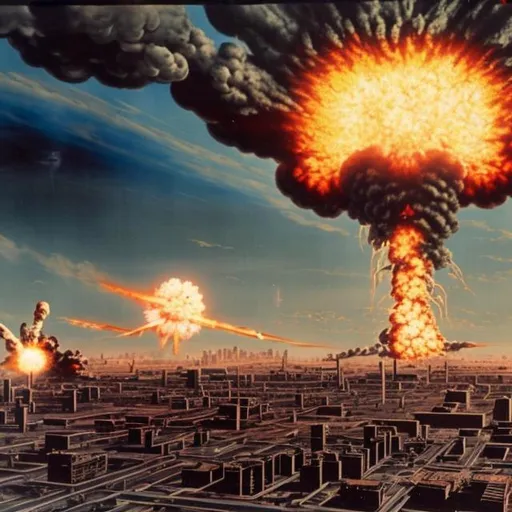 Prompt: An atomic bomb exploding on a port city,where people are instantaneously vaporised with a bomber plane in the distance 