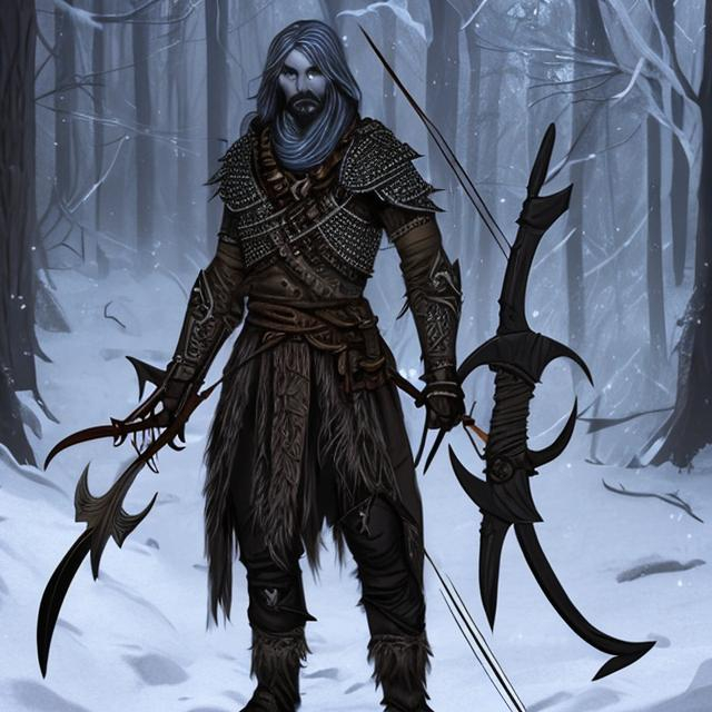 male half-drow, long black hair, bearded, crossbow,... | OpenArt