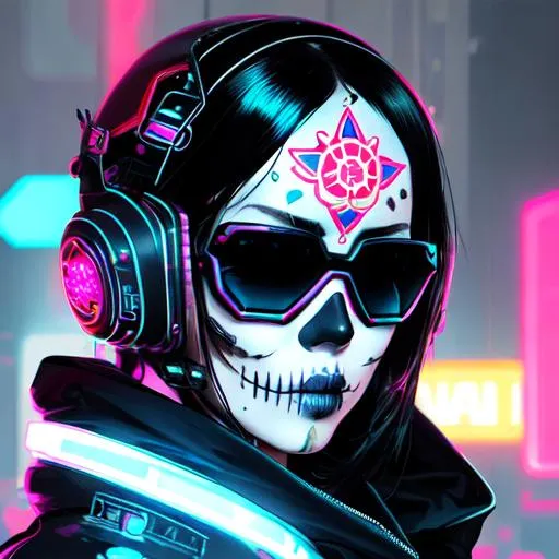 Prompt: detailed portrait Neon guitar, sugar skull makeup, cyberpunk futuristic neon, reflective, decorated with traditional Japanese ornaments by Ismail inceoglu dragan bibin hans thoma greg rutkowski Alexandros Pyromallis Nekro Rene Maritte Illustrated, fine details, realistic