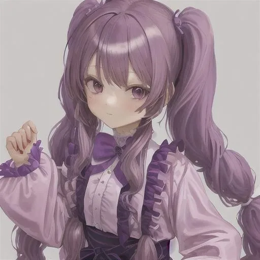 Prompt: long wavy purple pigtails, anime, kawaii, detailed