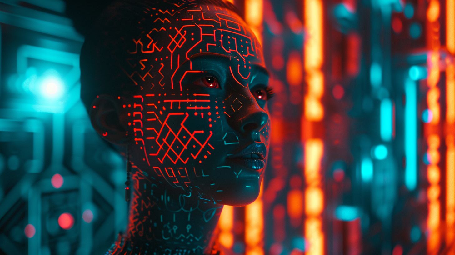 Prompt: Wide render of a 3D person of Hispanic descent with maze-like designs on their forehead, blending the themes of interference patterns and neon-lit art nouveau. The strong facial expression is the highlight amidst the symmetrical surreal surroundings.