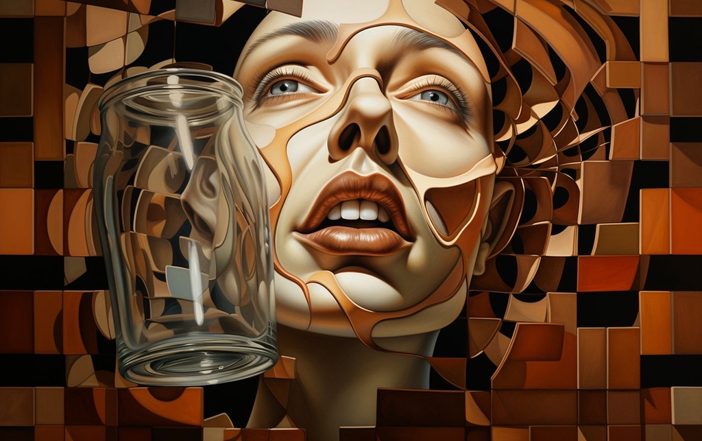 Prompt: a head with an open mouth, a face, and a bottle of liquid, in the style of op art illusions, daz3d, thomas saliot, michael parkes, grid, dramatic diagonals, brown and amber