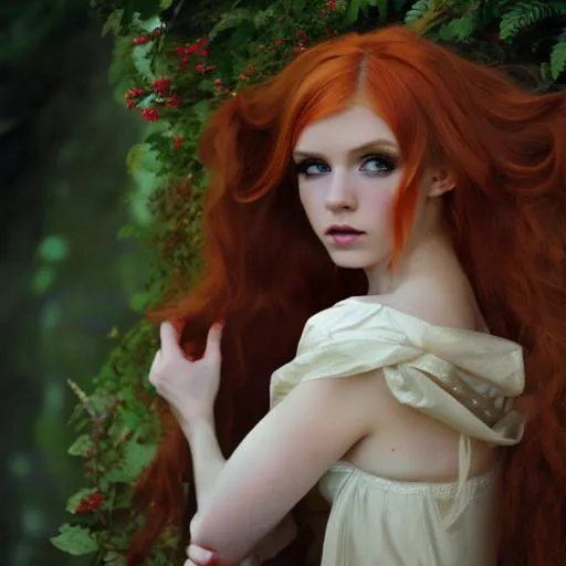 Prompt: Elf, fantasy, elven, fairy, ethereal, cosplay, narnia, beautiful girl, green eyes, red hair, mystical, romantic, realism, realistic, photoshoot, model