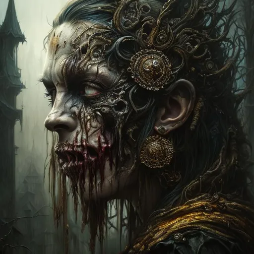 Prompt: Horrifying dark art, portrait full face painting of a rotting, creepy, scary zombie, halloween ultra realistic, concept art, intricate details, eerie, highly detailed, photorealistic, octane render, 8 k, unreal engine. art by artgerm and greg rutkowski and alphonse mucha, filipe pagliuso and justin gerard, fantasy, highly detailed, realistic, intricate, glowing eyes, the void, terrifying darkness, absolute nothingness, by keith thompson and neil blevins, digital horror artwork, 8k zombie halloween theme