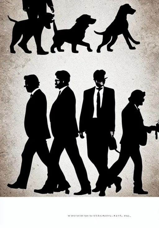 Prompt: Four dogs walking on their hind legs in the art style of a reservoir dogs movie poster