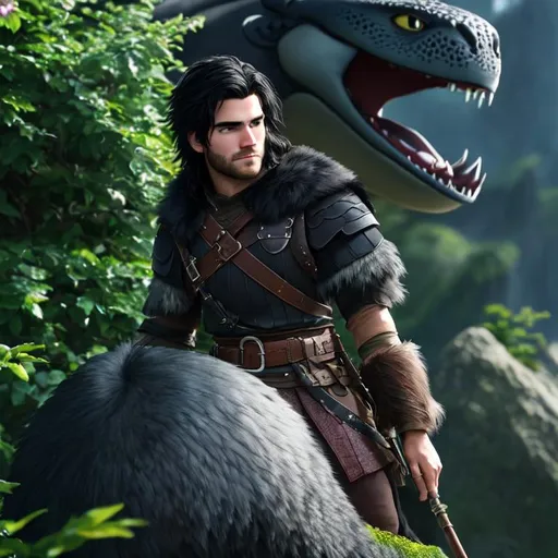 Prompt: Please produce a 25 year old male viking from How to Train Your Dragon, no beard, no moustache, photo session, attractive, black hair, (((full body visible))), looking at viewer, portrait, photography, detailed skin, realistic, photo-realistic, 8k, highly detailed, full-length frame, High detail RAW color art, piercing, diffused soft lighting, shallow depth of field, sharp focus, hyperrealism, cinematic lighting