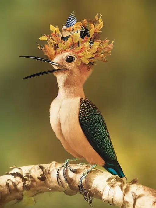 Prompt: Glossy portrait of a golden hoopoe bird Art by  Victo Ngai, Sherry Akrami,   Nicoletta Ceccoli, Anna Dittman, Lucie Bilodeau, Laura Diehl, Remedios Varo, Paul Delaroche,  Sergio di lorio, highly detailed, sharp focus, ethereal, fantastic view, dreamy, Epic, celestial, sparkling, glossy, light emitting,  inner light.