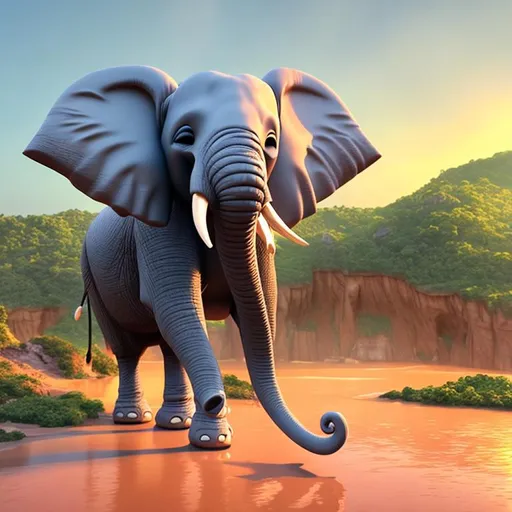 Prompt: elephant standing at the edge of a cliff, side view, ocean below cliff, 3D animation-style cartoon 