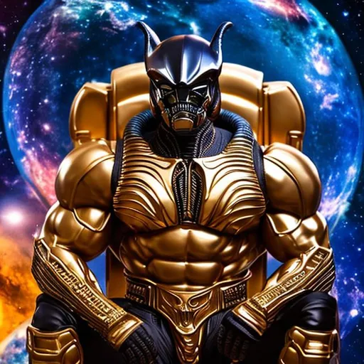 Prompt: portrait of a xenomorph bodybuilder in Indian attire, sitting on a couch, in space