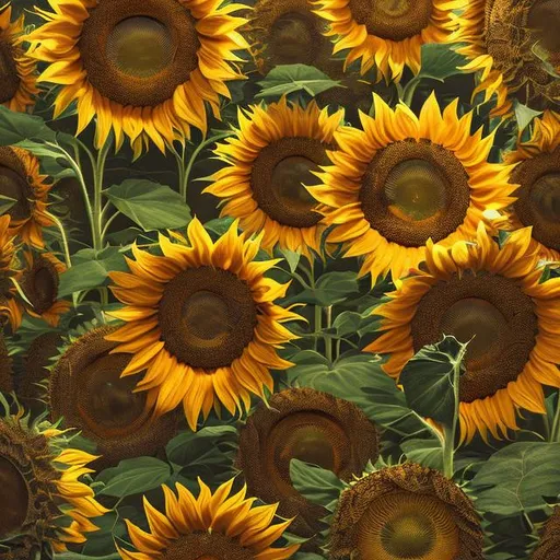 Prompt: sunflowers, vintage, hyperdetailed, 8k resolution concept art, complementary colors, deep color, hyperrealism, photorealism, golden hour, complex, detailed, expansive, photorealistic, retro, Julian Pott style