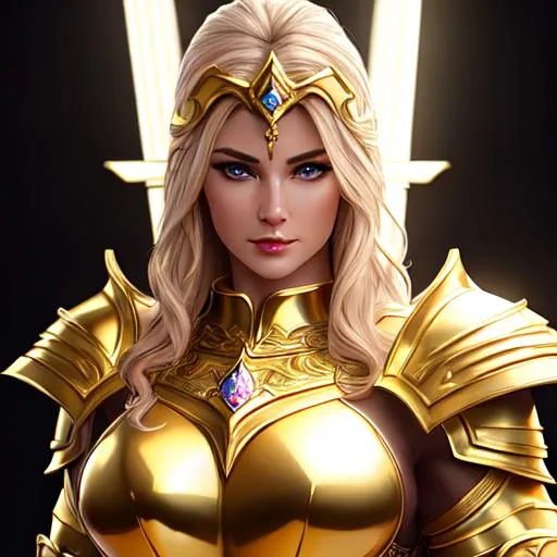 Prompt: Woman, stunning, muscular, strong, fit, paladin wearing a golden armor, divine holy sword, fantasy, UHD, 8k, high quality, ultra quality, perfect composition, trending art, trending on artstation, sharp focus, studio photo, intricate details, cinematic lighting, special effects, hyper realism, hyper realistic, Very detailed, oil painting, full body