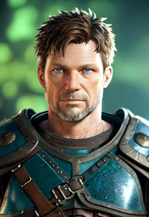 Prompt: Digital Art, 45-year-old viking man, brown hair, wavy hair, short trimmed beard, short trimmed mustache, brown eyes, blue gear, yellow armor, unreal engine 8k octane, 3d lighting, full body, full armor