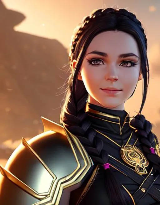 Prompt: Digital art, 20-year-old woman viking, subtle smile, black hair, one braid, light blue eyes, black gear, gold armor, unreal engine 8k octane, 3d lighting, full body, full armor