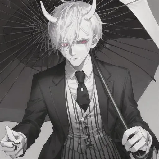 Prompt: male demon person with white skin and black stripes, short white hair with black roots, pure white eyes and white horns wearing a black and white striped suit holding an umbrella