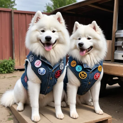 Prompt: Samoyed wearing a heavy metal music denim vest with patches