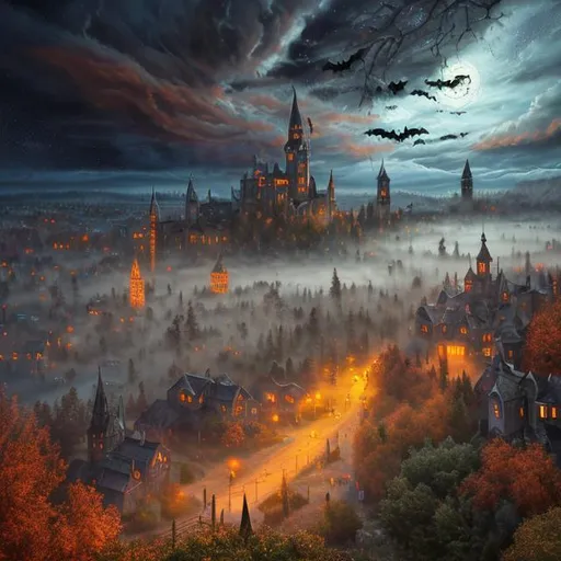 Prompt: professional oil-painting of {a misty Halloween town during autumn, night, visible tower with witch's hat as top}, perfect viewpoint, highly detailed, drone photo, wide-angle lens, hyper realistic, with dramatic sky, natural soft moonlight, vivid colors, everything in sharp focus, HDR, UHD, 64K, by William Trost Richards