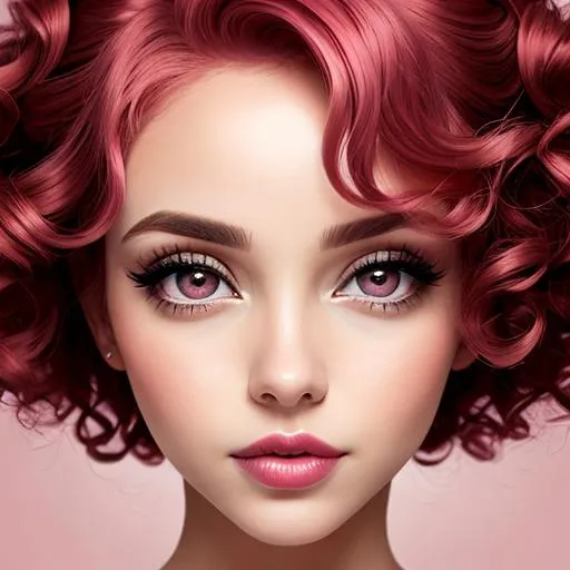 Prompt: woman with big  eyes and carmine lips, curly pink hair, lips, pink cheeks