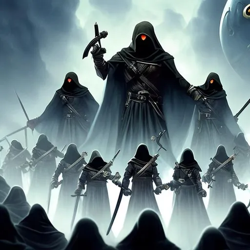 An army of hooded cultists raising swords to a myste... | OpenArt