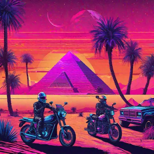 Prompt: vapor wave desert scene, pyramids, motorcycle parked, highly detailed, palm trees, night sky, synthwave retro art