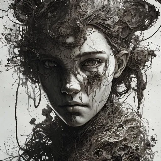 Prompt: a black and white drawing of a woman's face, driftwood sculpture, intricate manga drawing, ash thorp, tattered clothes, wiry, made of cardboard, she has a distant expression, made of wire, half - electric striking woman, scribbled